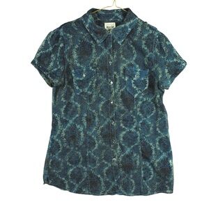 Converse One Star Women Size M Top Blue Floral Short Sleeve Button Up Shirt